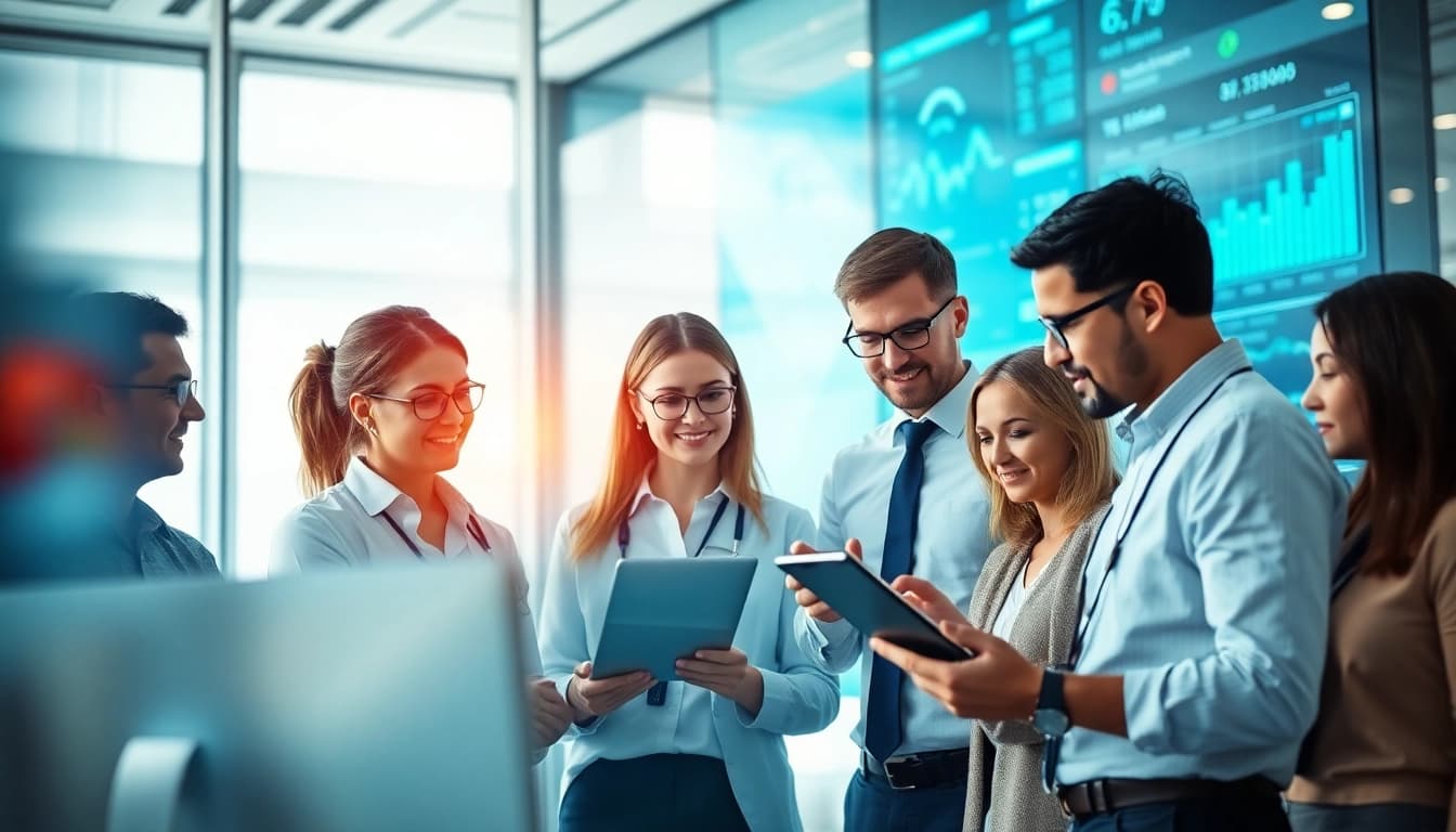 Showcase a diverse team collaborating on USA focused digital service in a vibrant office.