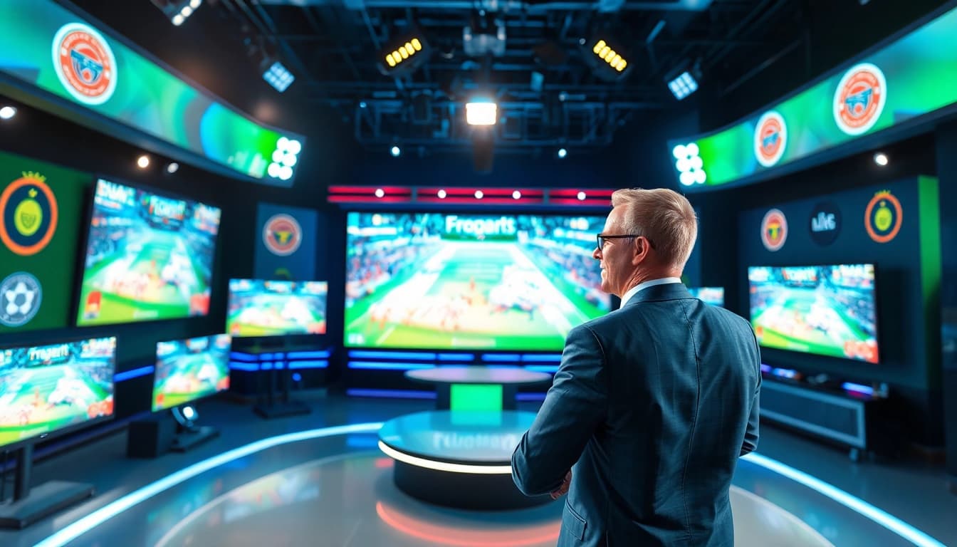 Sports Broadcasting presenter engaging viewers in a vibrant studio environment with multiple screens.