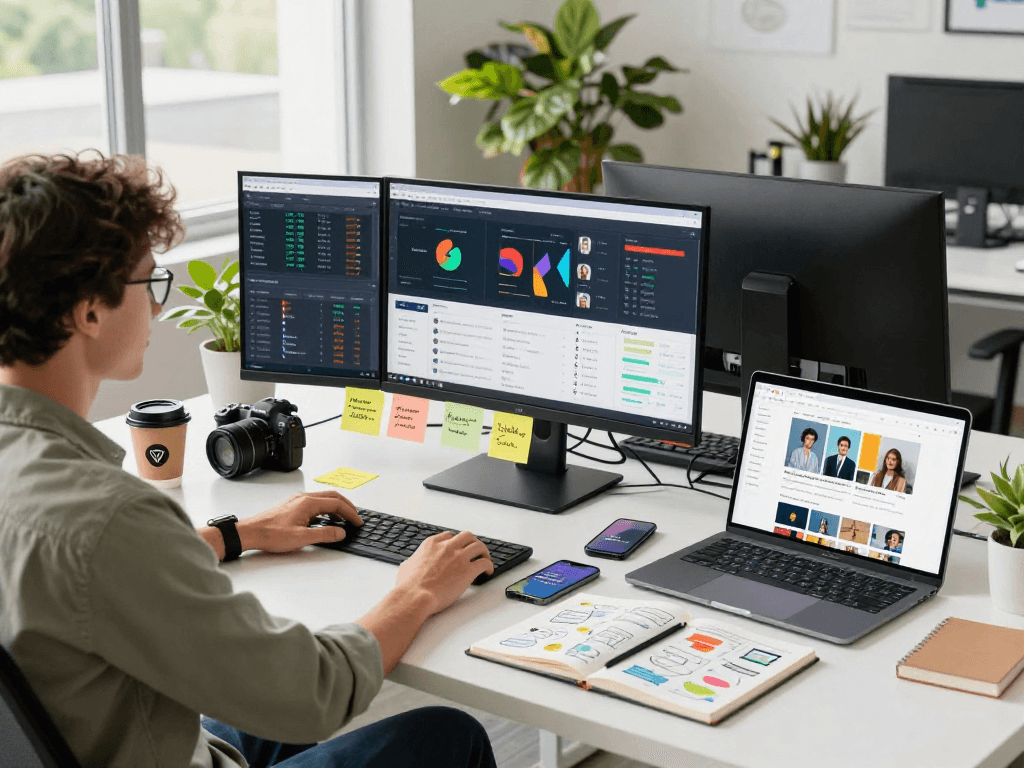Ambiente de marketing digital com profissional analisando dados multicanais.