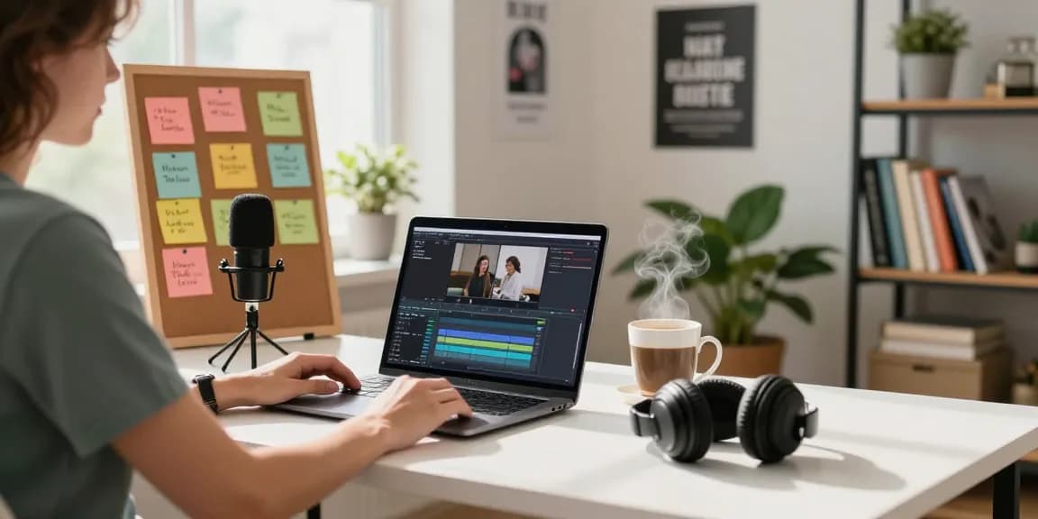 Ambiente de escritório moderno com downloader de vídeo em destaque e pessoa criando conteúdo.