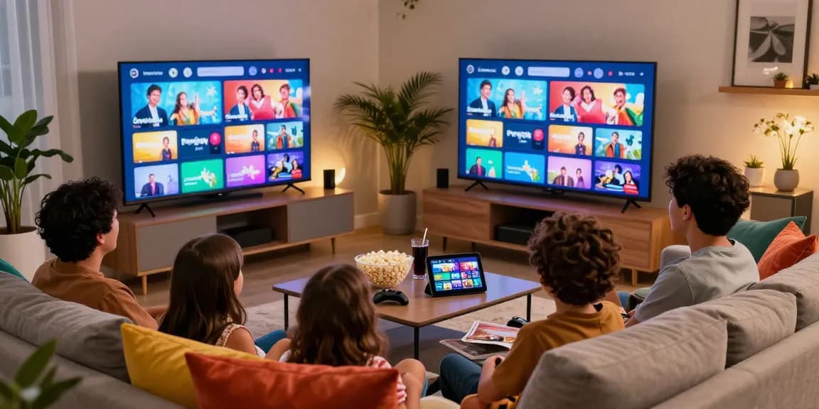 Família assistindo IPTV com bestbraziliptv na sala de estar, atmosfera descontraída e acolhedora.