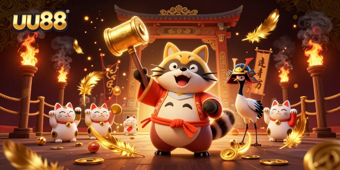 uu88 promotes excitement with a cheerful tanuki, samurai crane, and colorful fortune cats amidst vibrant casino elements.