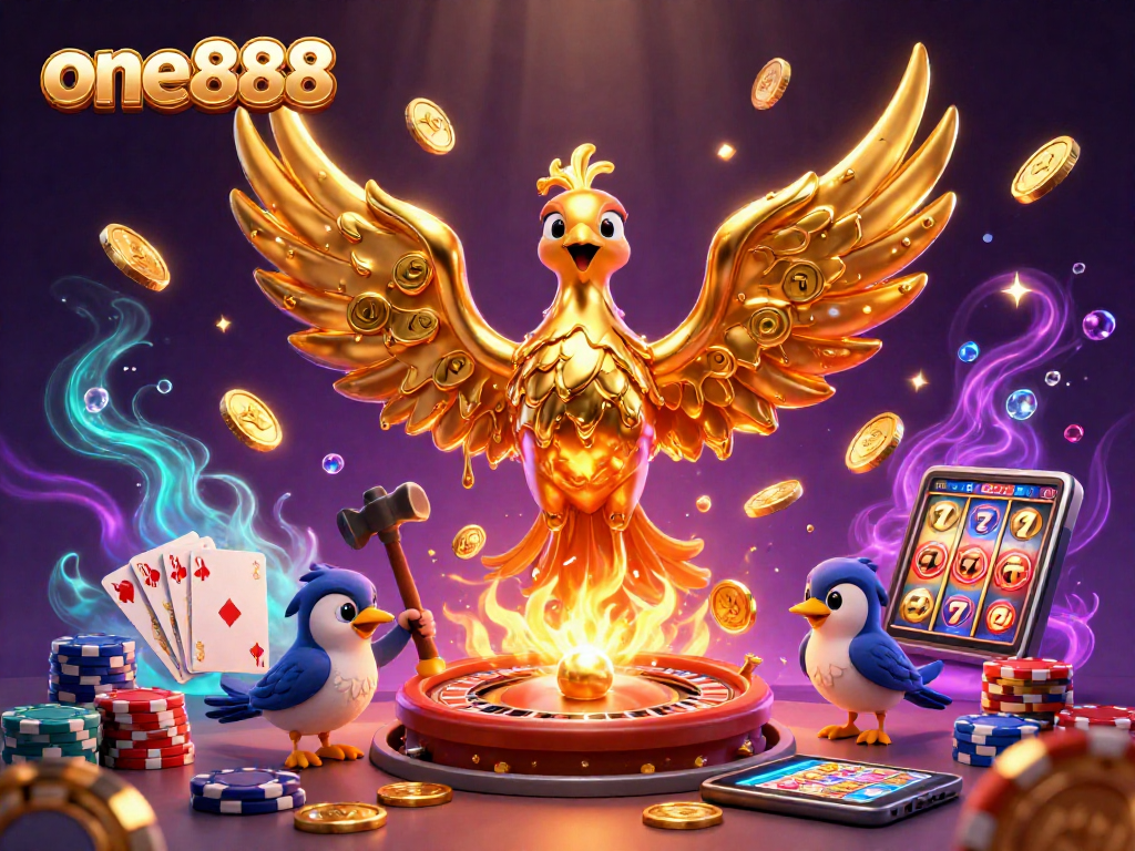 Cascade of golden coins and gems surround the vibrant one888 casino phoenix in action.