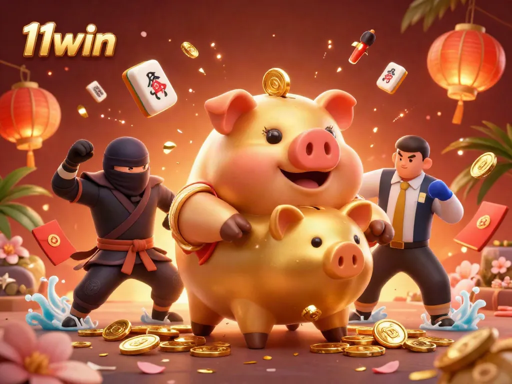 Win big with 11win's exciting gaming scene featuring dynamic golden piggy bank and vibrant casino elements.