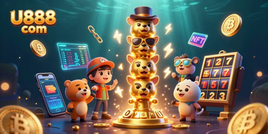 Engage with thrilling U888 com gaming experience alongside vibrant slot elements and crypto accents.