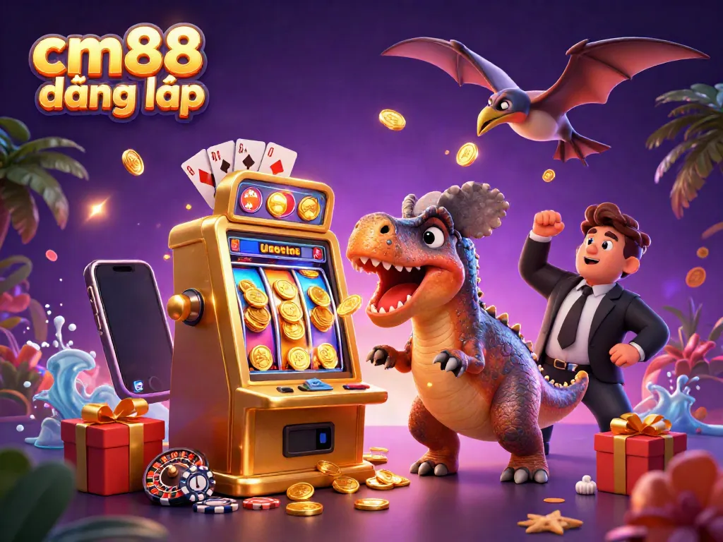 Experience the thrill of cm88 đăng nhập with a dynamic casino scene featuring prehistoric characters and jackpot coins.