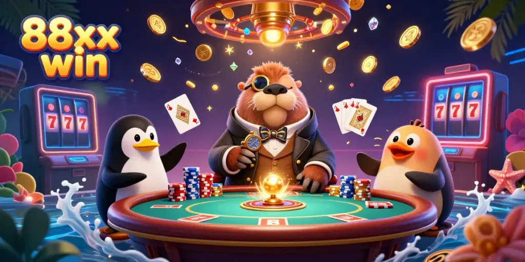 Witness the thrilling underwater scene of 88xx win with a walrus, penguin dealer, and pufferfish at a poker table.