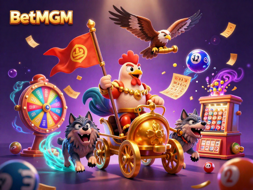 Experience thrilling wins with BetMGM's dynamic lottery and prize elements in a vibrant scene.