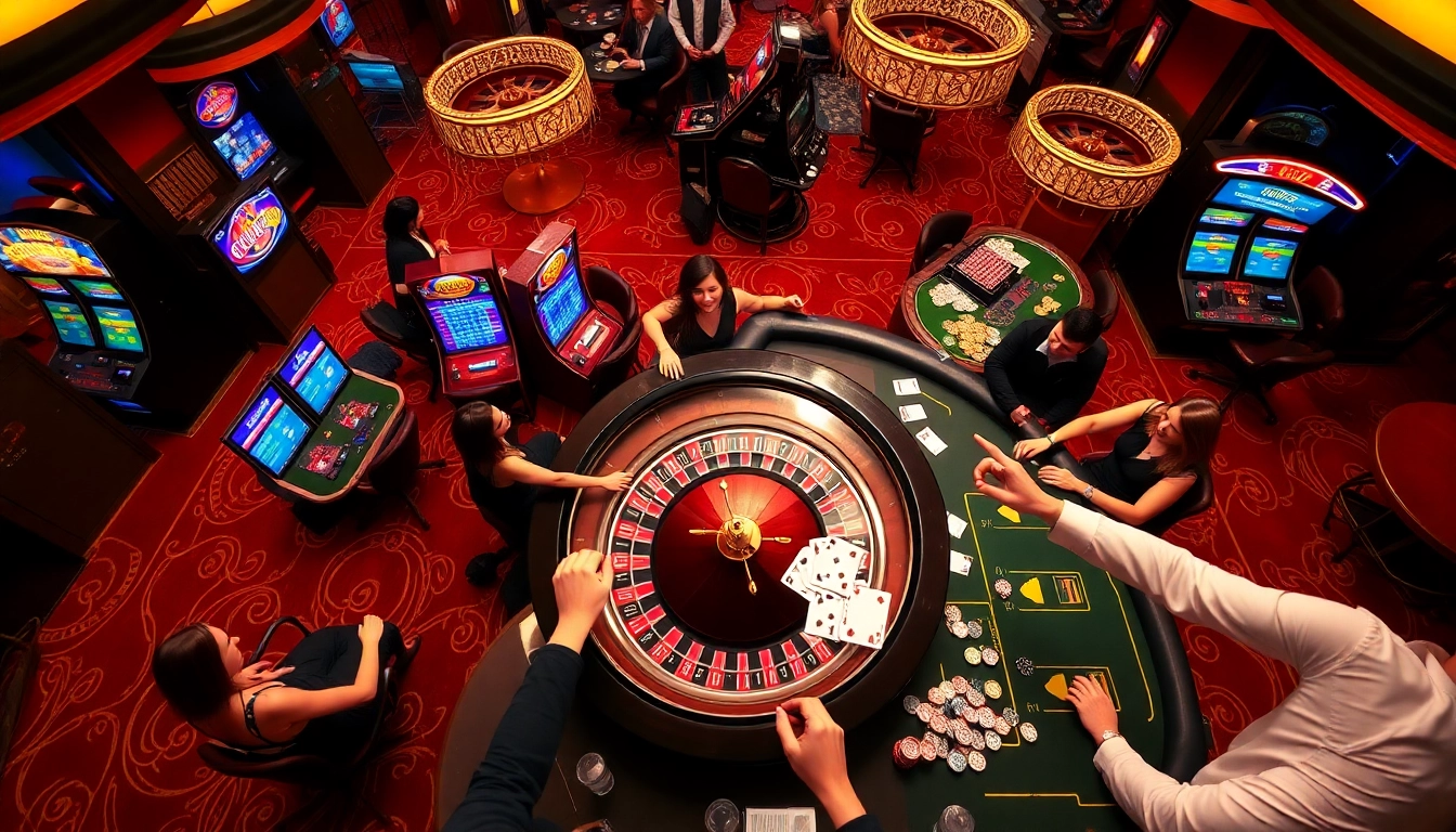 Players enjoying the thrill of gaming at i9 bet casino with vibrant slot machines and poker tables.