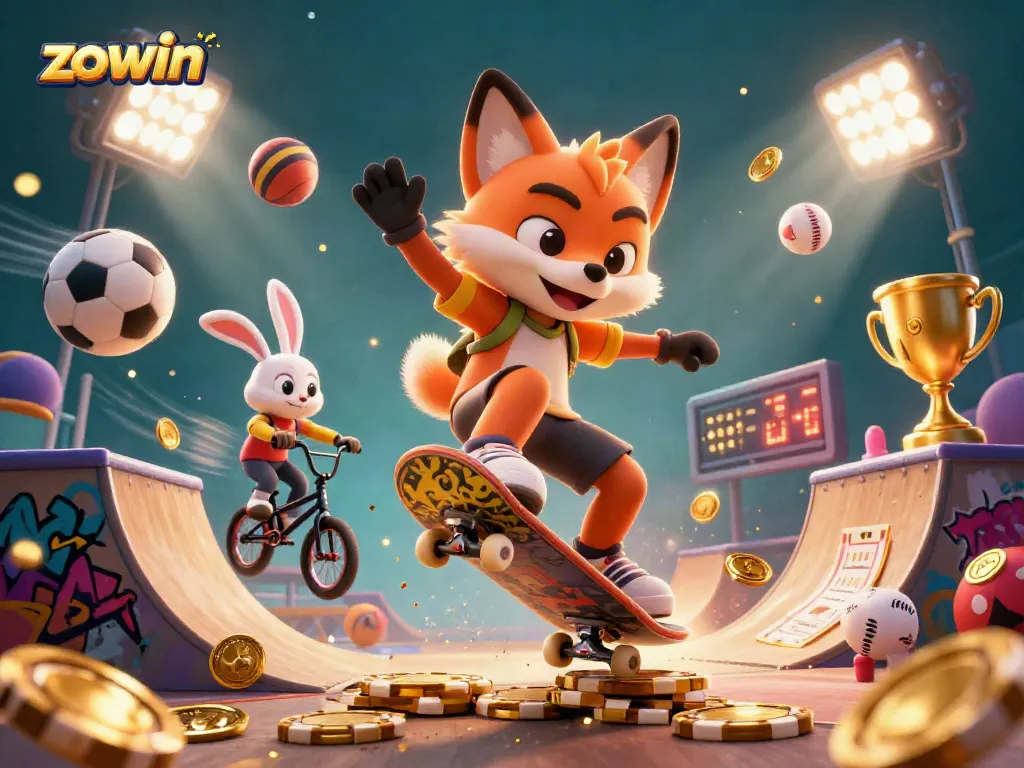 Zowin's dynamic gambling scene showcases a skateboarding fox and BMX rabbit amidst flying sports balls and winning elements.