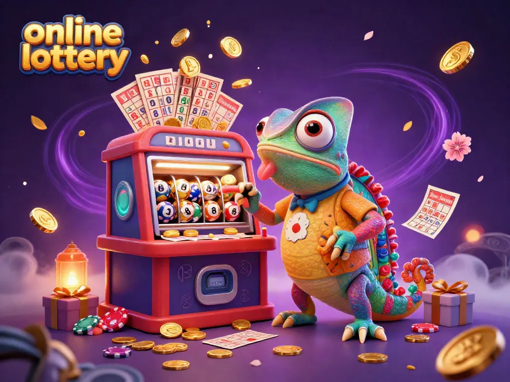 Experience the online lottery with an engaging scene featuring a chameleon and dynamic lottery elements.