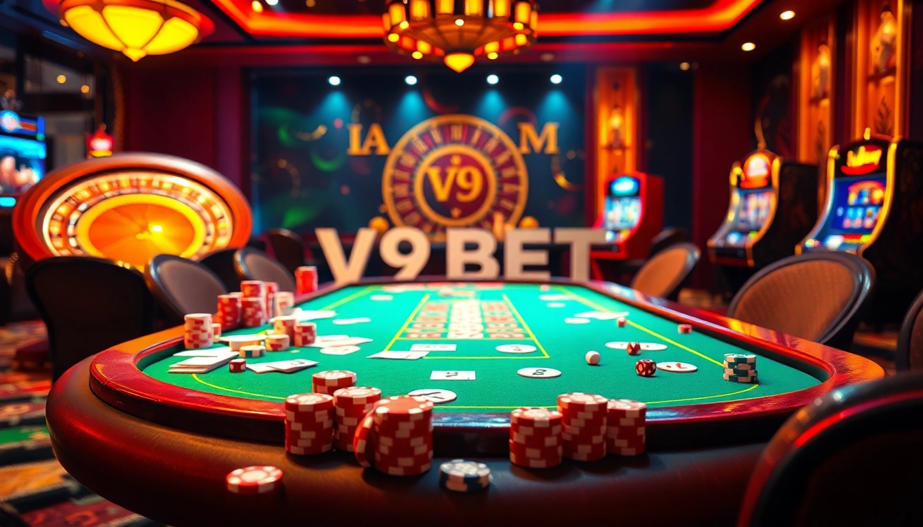 Playing cards and chips at a vibrant V9 bet casino table illuminated with excitement.