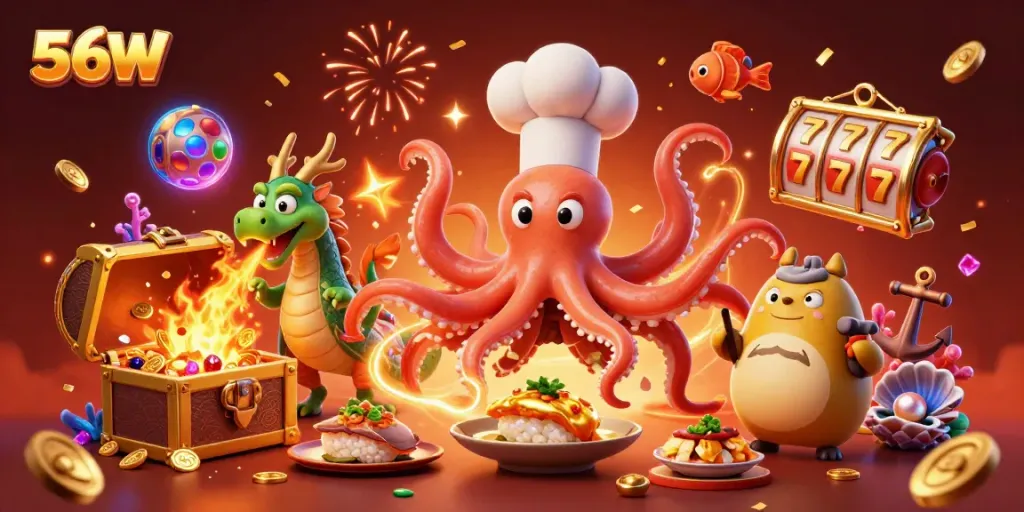 Experience the excitement of 56W with vibrant characters and dynamic casino elements in this 3D illustration.