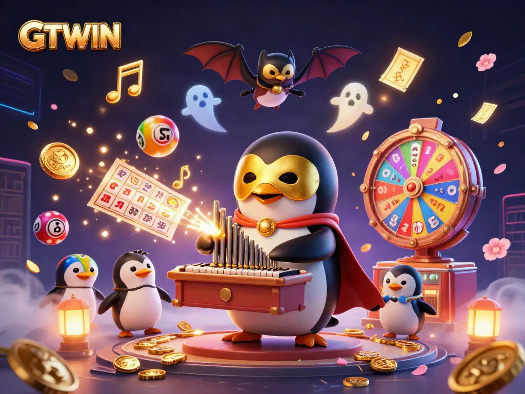 Celebrate wins with GTWIN's vibrant 3D casino-themed illustration featuring animated games and dynamic action.