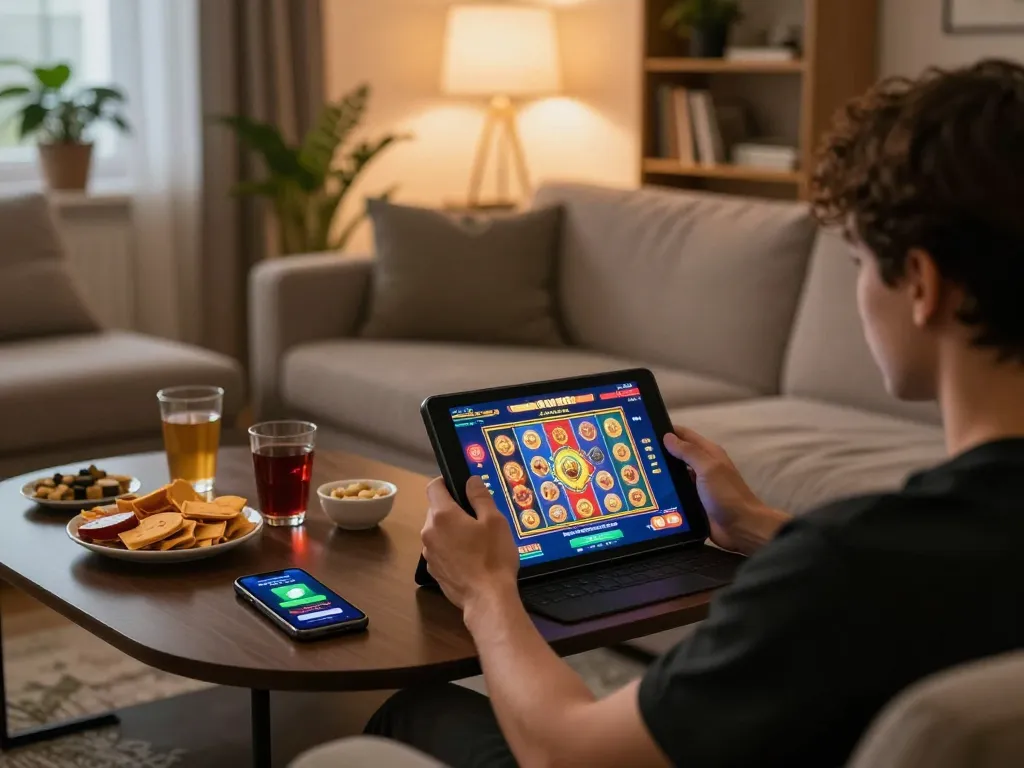 Play casino games and tải app fun79 on your smartphone in a cozy home setting with snacks and ambient lighting