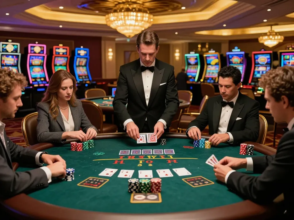 Players strategizing their bets at a U888 blackjack table in a luxurious casino.