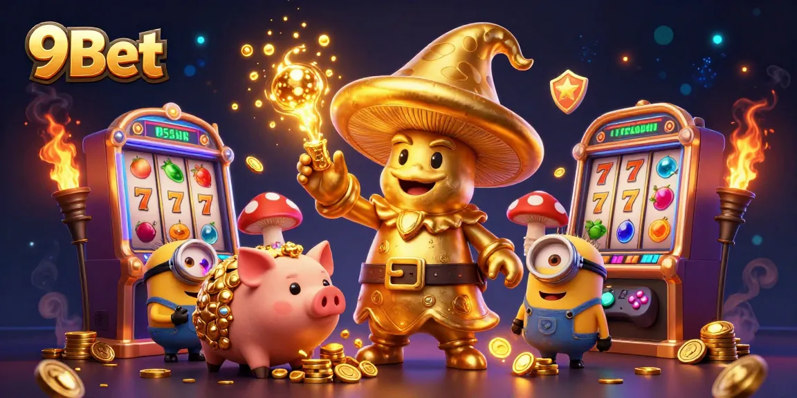 Experience the magic of 9Bet with a dazzling illustration of a gaming wizard and treasures.