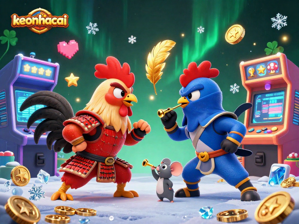 Engage with the keonhacai dynamic scene featuring fighting roosters in a colorful casino setting.