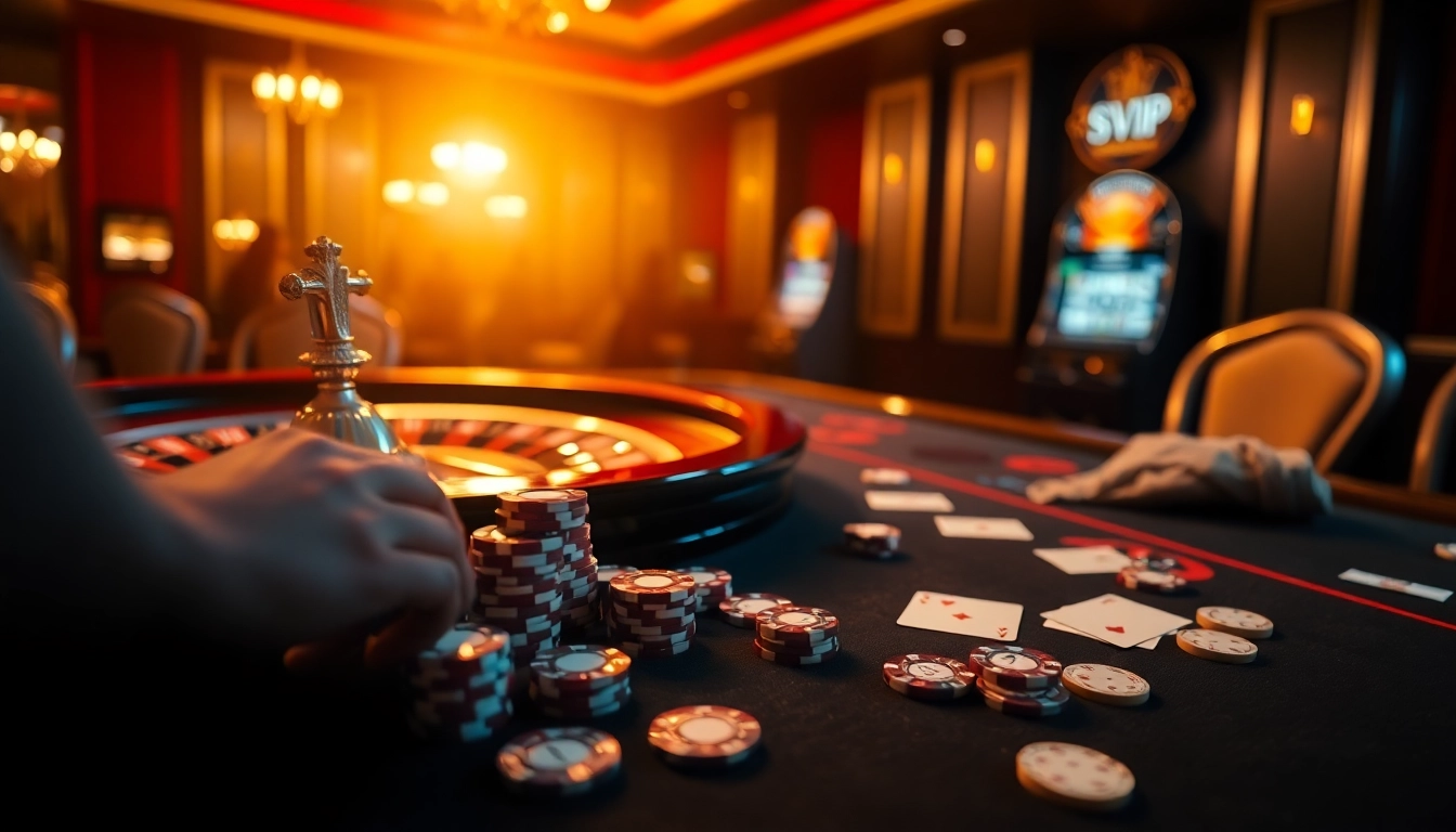 Experience the thrill of winning at rik vip through a luxurious casino-themed environment showcasing poker and roulette.