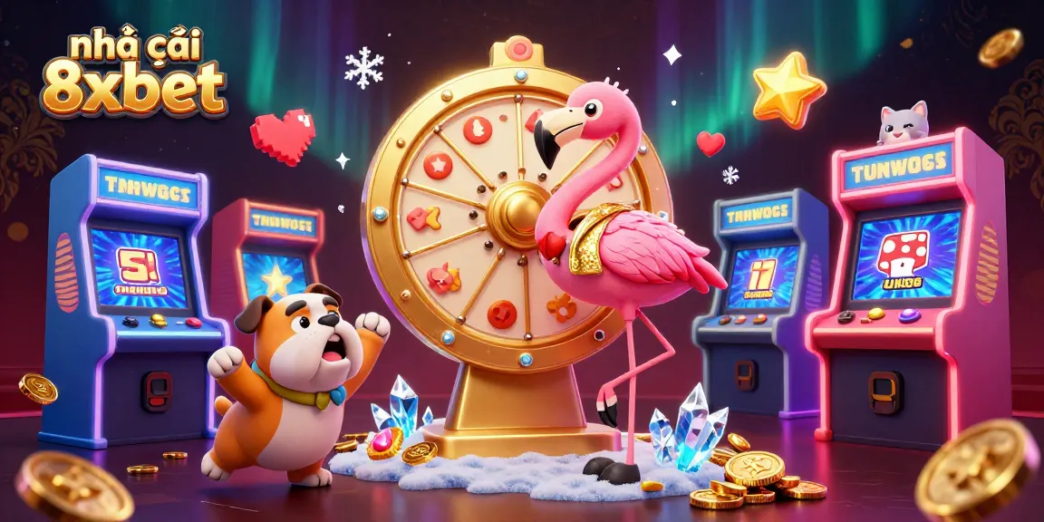 Engage with excitement at nhà cái 8xbet, featuring a colorful 3D casino scene with dynamic characters.