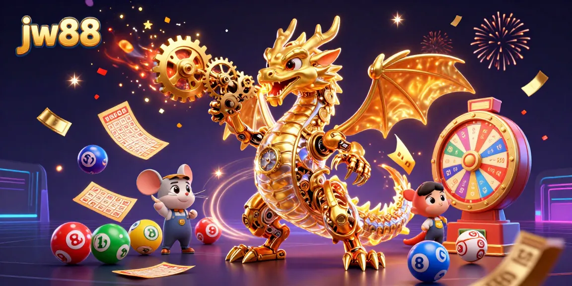 Engage with the excitement of jw88 as a golden dragon breathes cogs and colorful lottery balls soar.