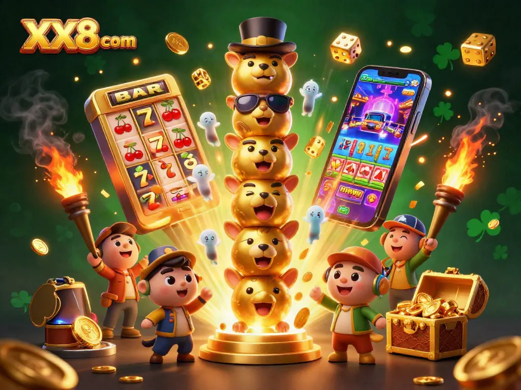 Win big with colorful games at XX8 com, featuring a dynamic casino scene with totem poles and jackpots.