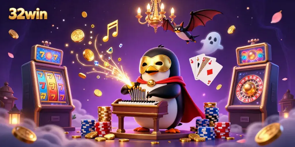Engage in thrilling gameplay with 32win's vibrant casino scene showcasing slot machines and animated characters