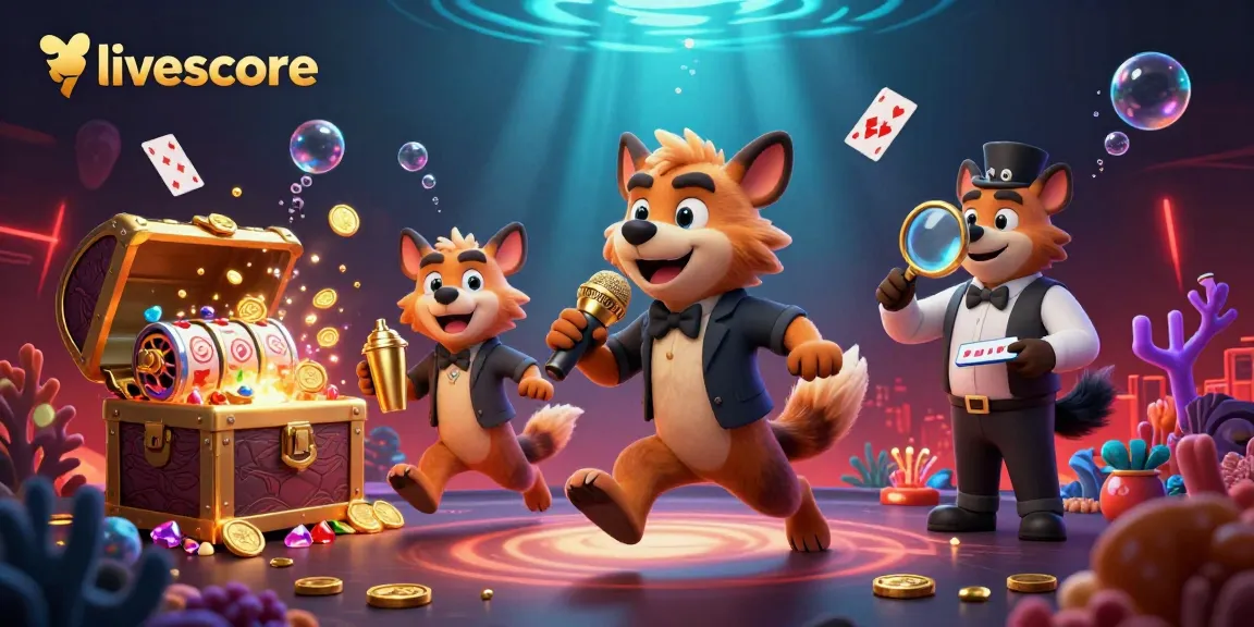 Livescore updates with animated hyena casino characters in a vibrant, lively gaming environment.