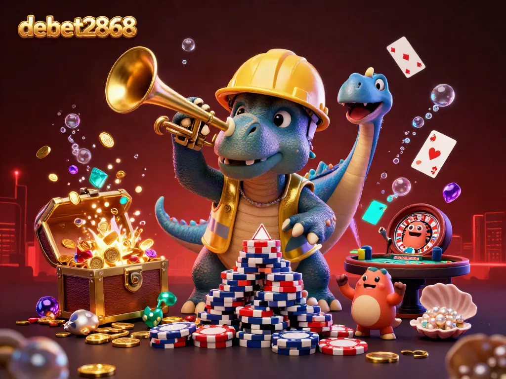 Engage with debet2868 as a lively triceratops builds poker chips, celebrating with a parasaurolophus amidst underwater treasures.