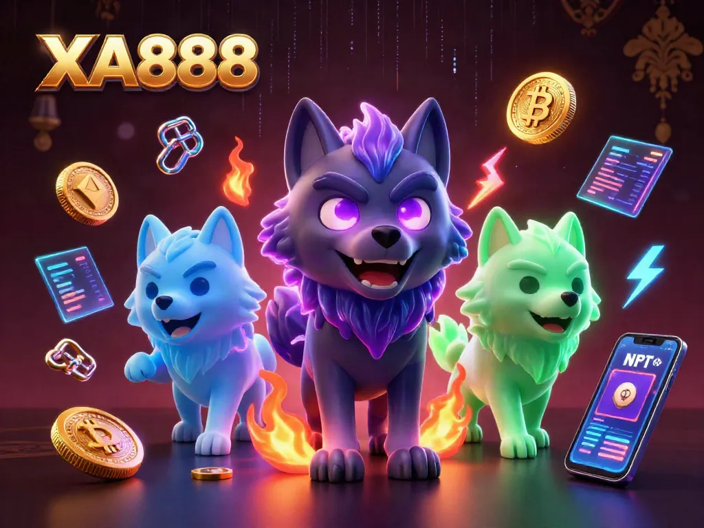 Experience XA888's vibrant gaming world with dynamic wolf characters and crypto elements.