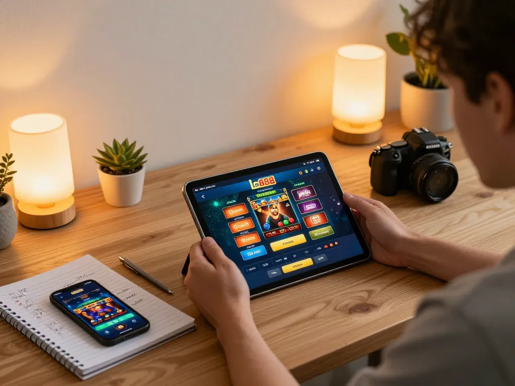 Engaging setup with lc888 log displayed on tablet where a player is enjoying online casino games in a cozy home environment.