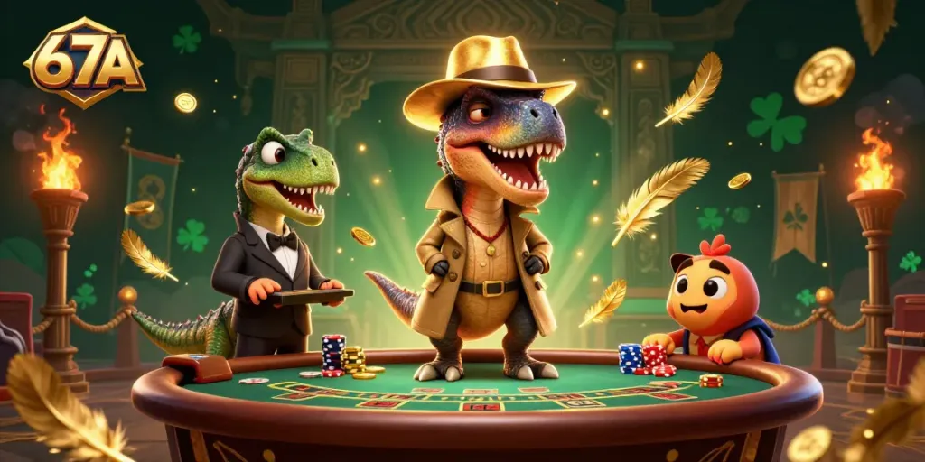 67A shows a velociraptor card counter at a casino blackjack table, creating excitement in a vibrant scene.