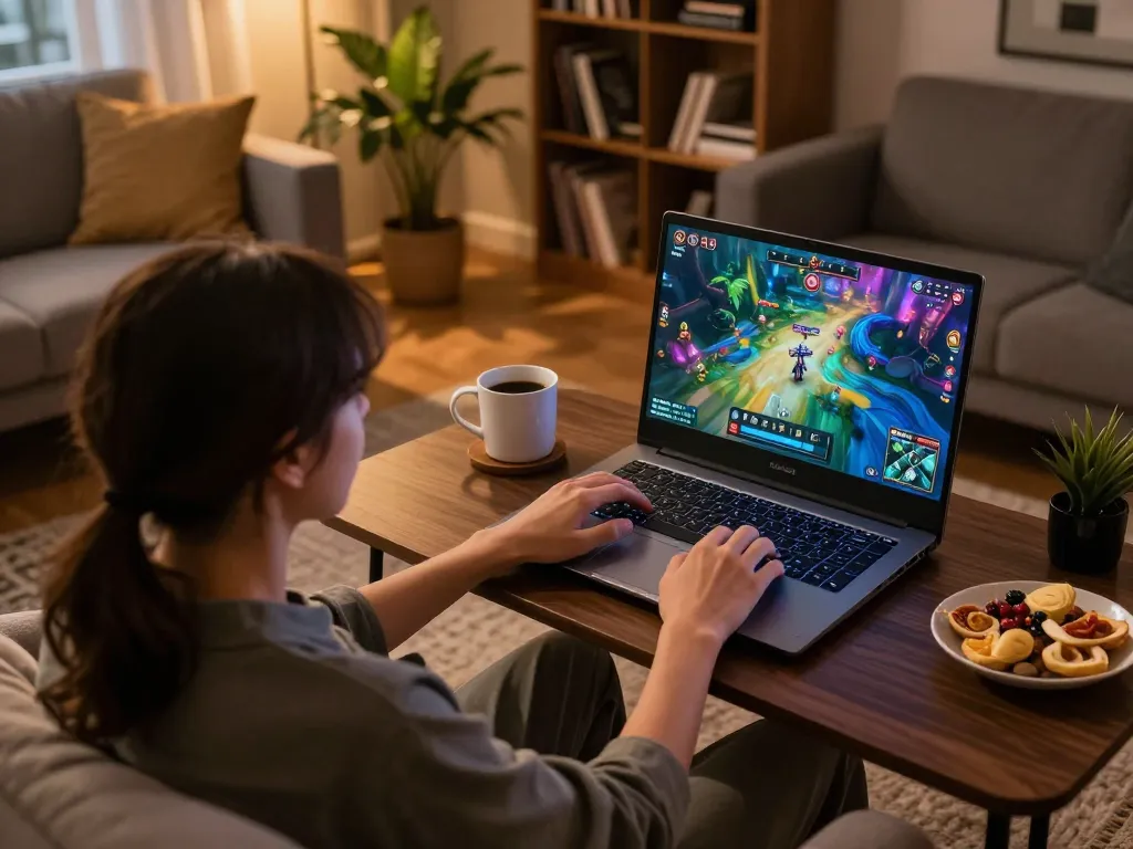 Engaging in kp88 game on a laptop in a cozy home gaming setup, showcasing a strategic approach to online gambling