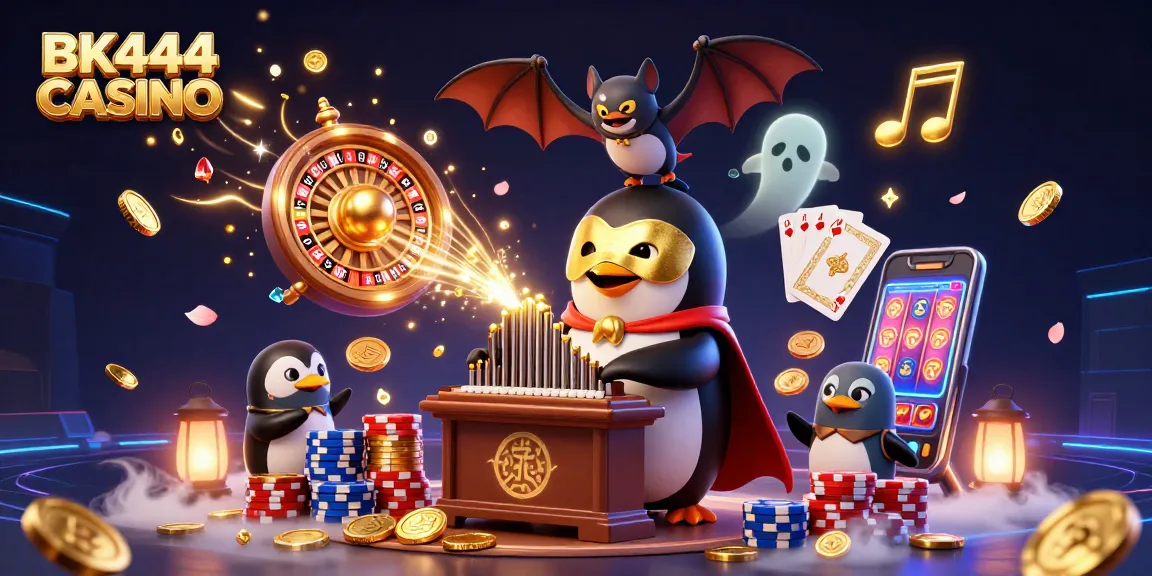 Engage with BK444 CASINO's thrilling gaming scene featuring a penguin musician and dynamic casino elements.