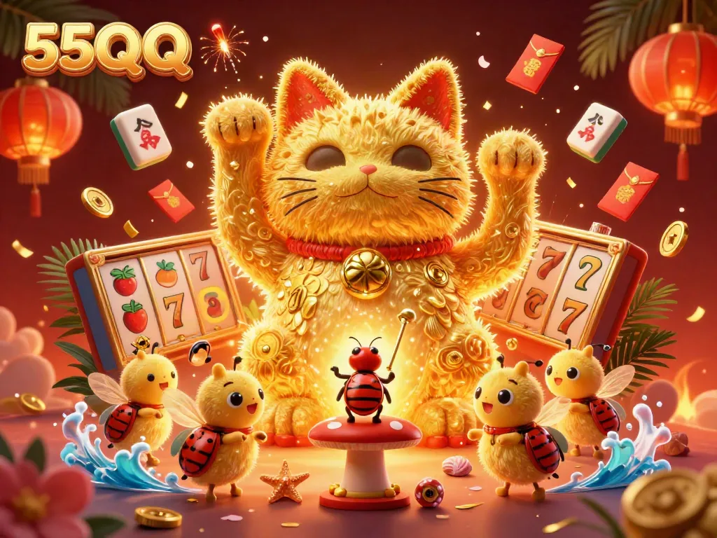 Experience the excitement of 55QQ with vibrant golden fireflies and captivating casino symbols.