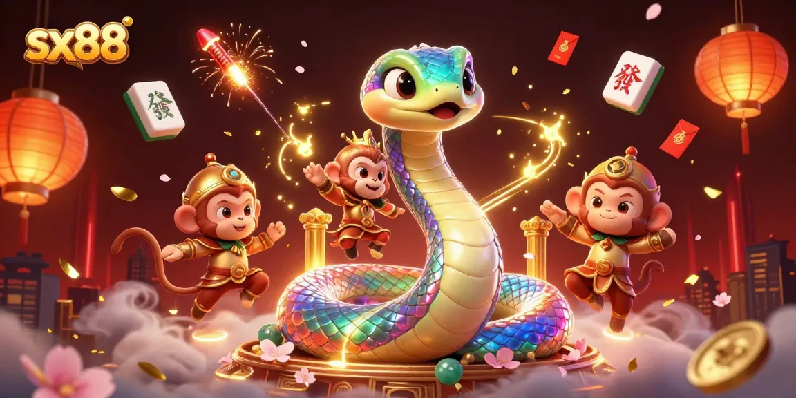 Swing into the vibrant world of sx88, where a dazzling serpent and monkey king bring online casino excitement to life.