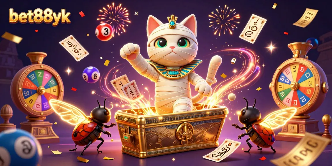 Play and win with bet88yk in a vibrant casino scene featuring a mummy cat with magical elements.