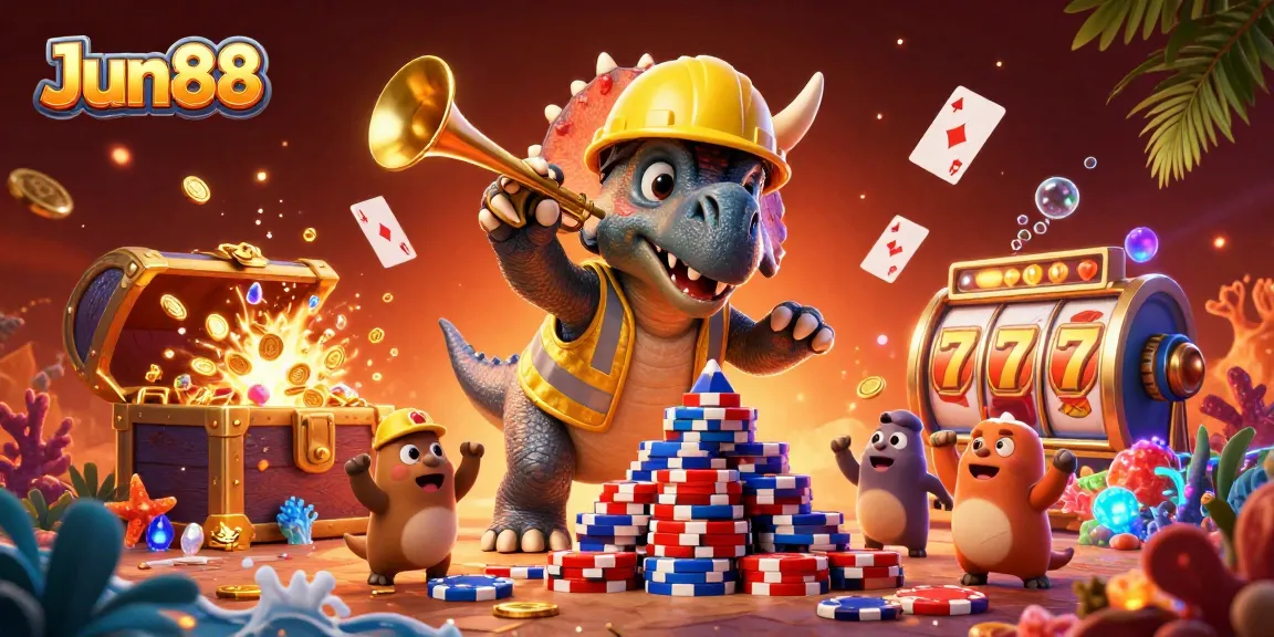 Experience thrilling gaming with Jun88's vibrant casino adventure illustration featuring playful characters.
