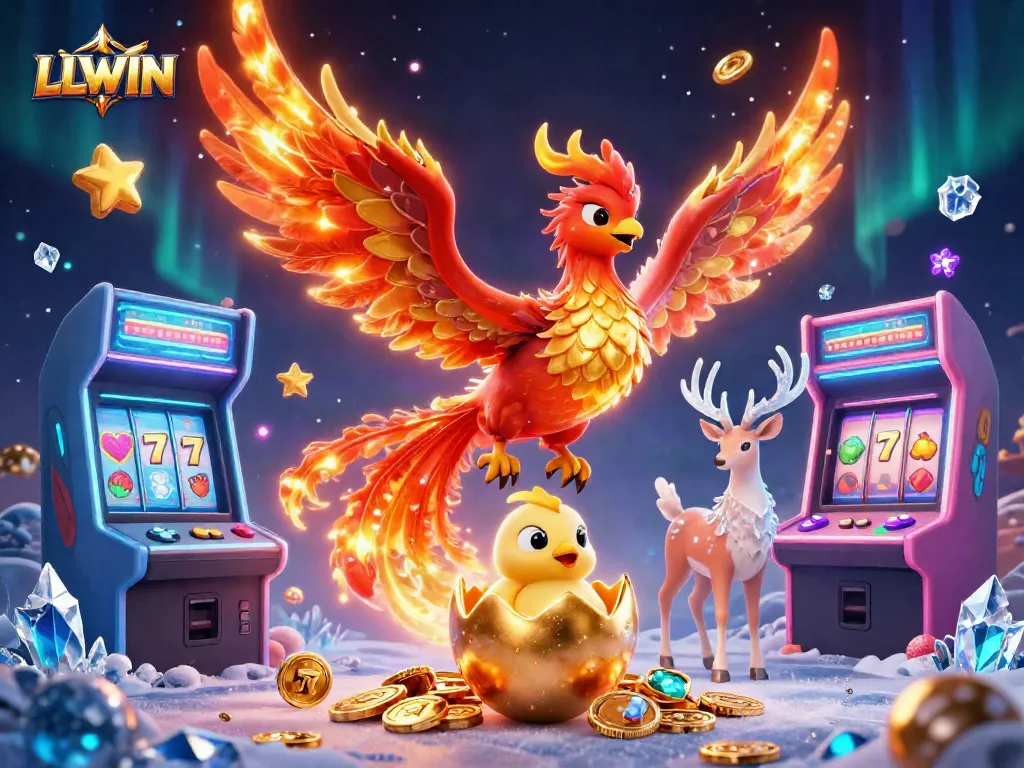 Engage with LLWIN's exhilarating gaming universe featuring a vibrant phoenix scene amidst colorful casino elements.