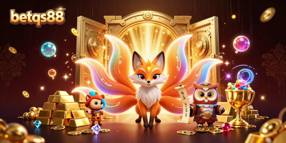 Experience excitement at betqs88 with a vibrant 3D illustration of a fox spirit, owl sage, and treasure.
