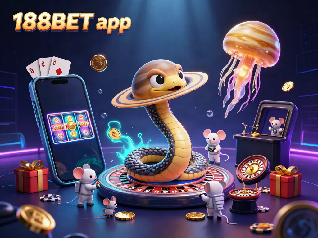 Experience betting adventures with the 188BET app as astronaut mice place wagers while vibrant characters add excitement.