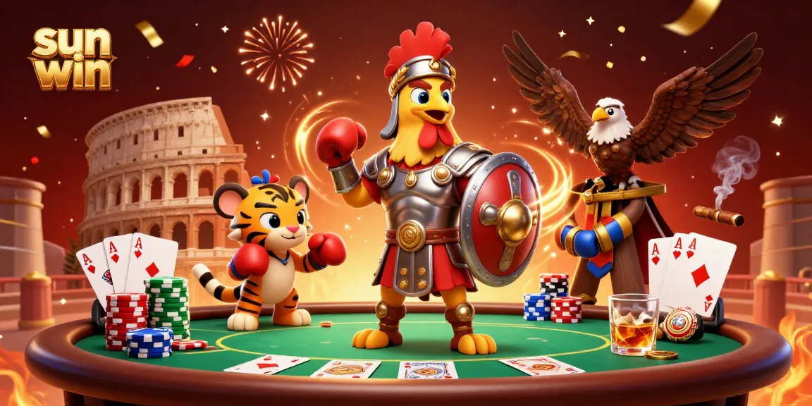 Engage with sun win at a casino in vibrant action with a gladiator rooster and poker elements