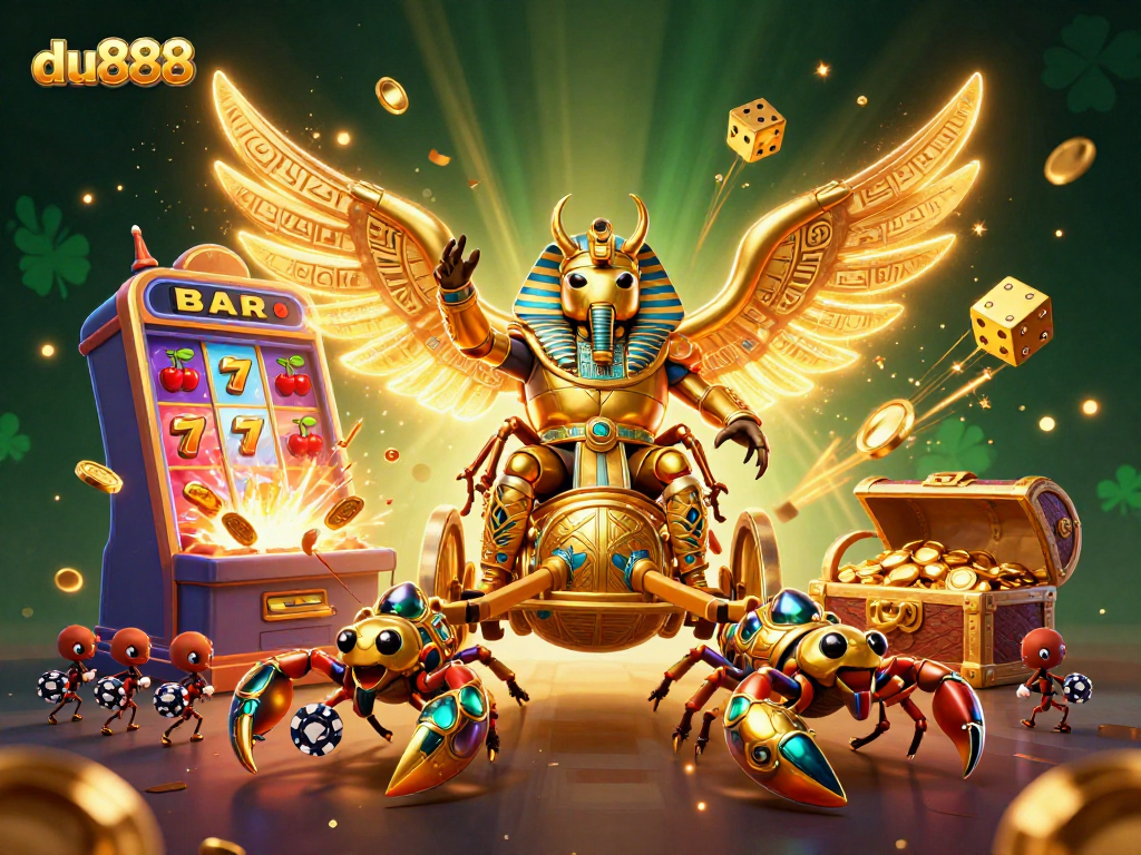Engage with the thrilling action of du888 as a colossal golden scarab beetle navigates a dynamic casino landscape filled with vibrant jackpots.