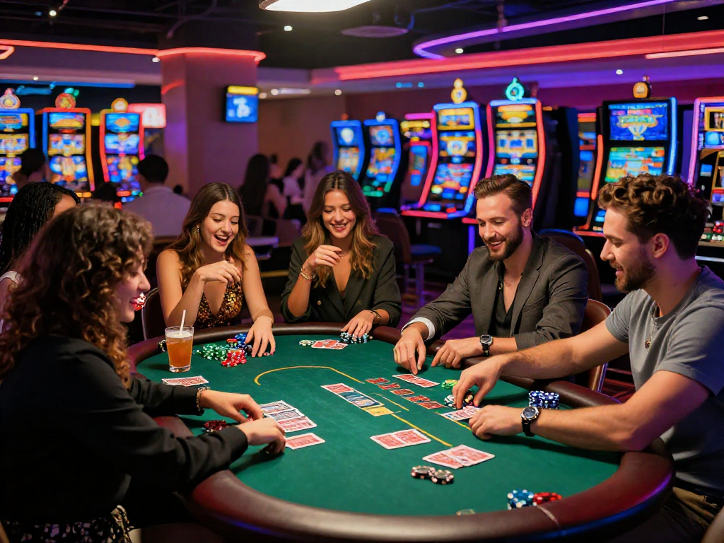 Exciting casino gaming scene with friends at a poker table, capturing the vibrant atmosphere of https://vin88-casino.games/.