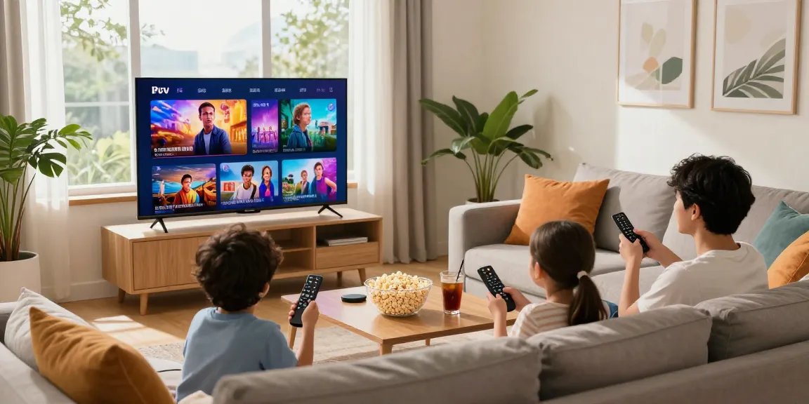 Família assistindo IPTV no aconchegante sala de estar com lanches.
