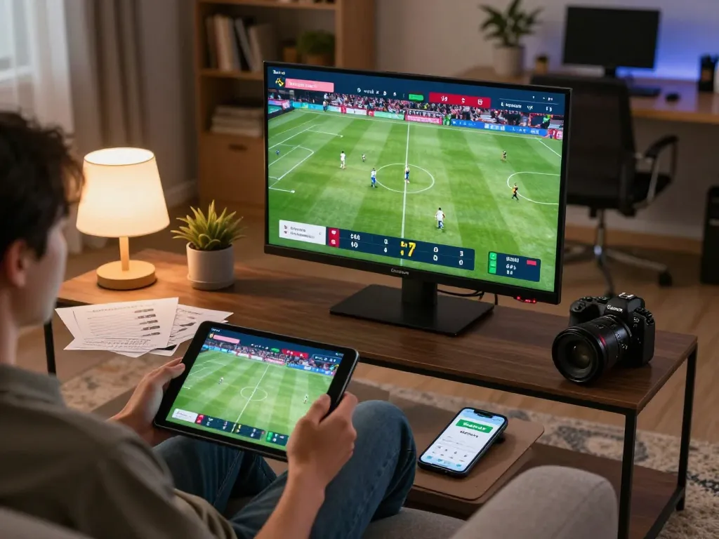 Person enjoying live soccer on Socolive through a tablet, surrounded by betting notes and a cozy home setting.