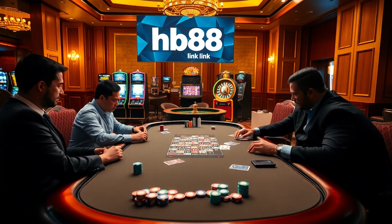 Play at HB88 link poker tables, showcasing thrilling betting with colorful chips and cards.