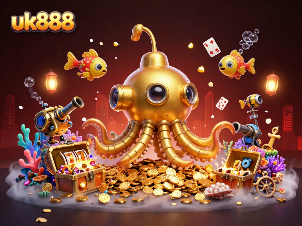 Experience thrilling gameplay in uk888 with the golden kraken submarine amidst a treasure trove of slot reels.