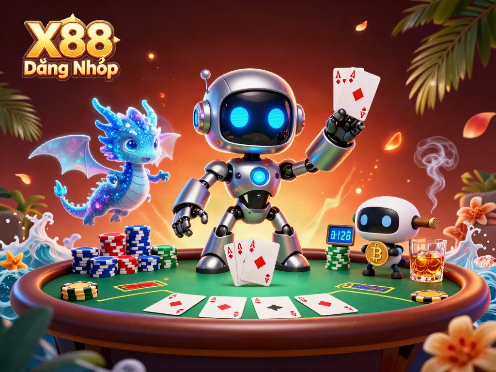 Join the exciting world of X88 Đăng Nhập with a vibrant casino scene featuring a cyberpunk robot and poker action.