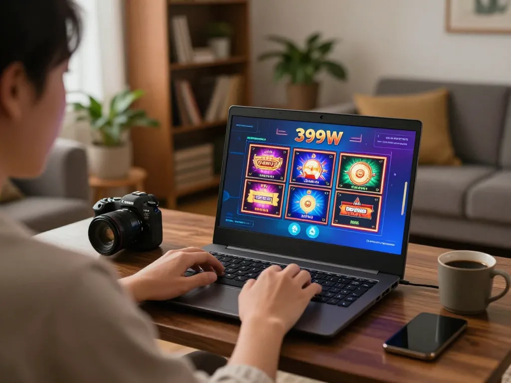 Engaging in online casino gaming at home on 399W platform, showcasing responsible gambling.